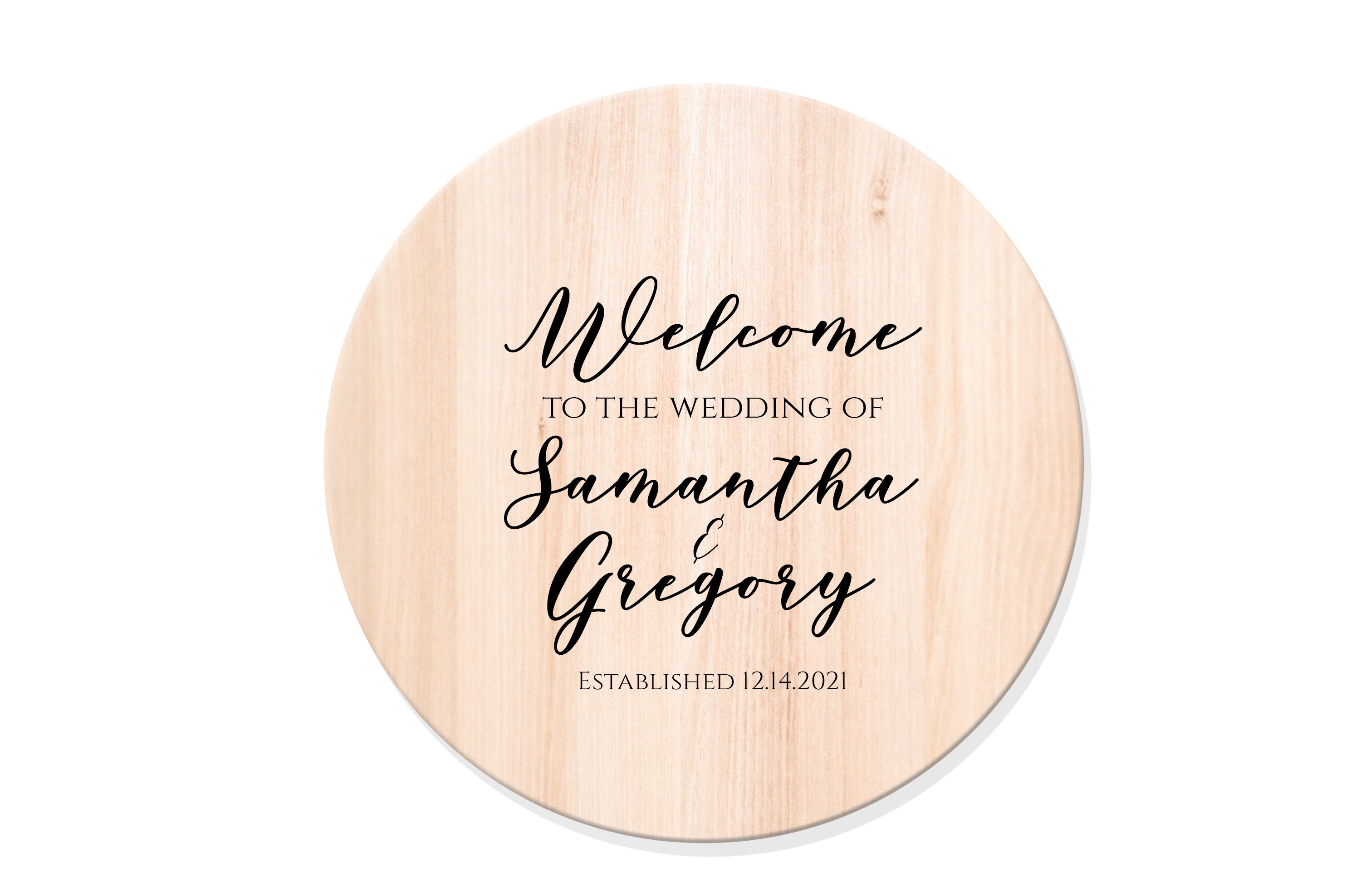 Wedding Welcome Sign - Guestbook Keepsake Round Wooden Plaque Sign with Permanent Vinyl Decal for Ceremony, Reception, Party