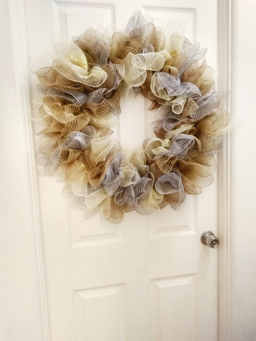 Gold, Silver and Beige Round Mesh Wreath, 24 inches, Farmhouse-style Home Decor for Entryway, Doors, and More!