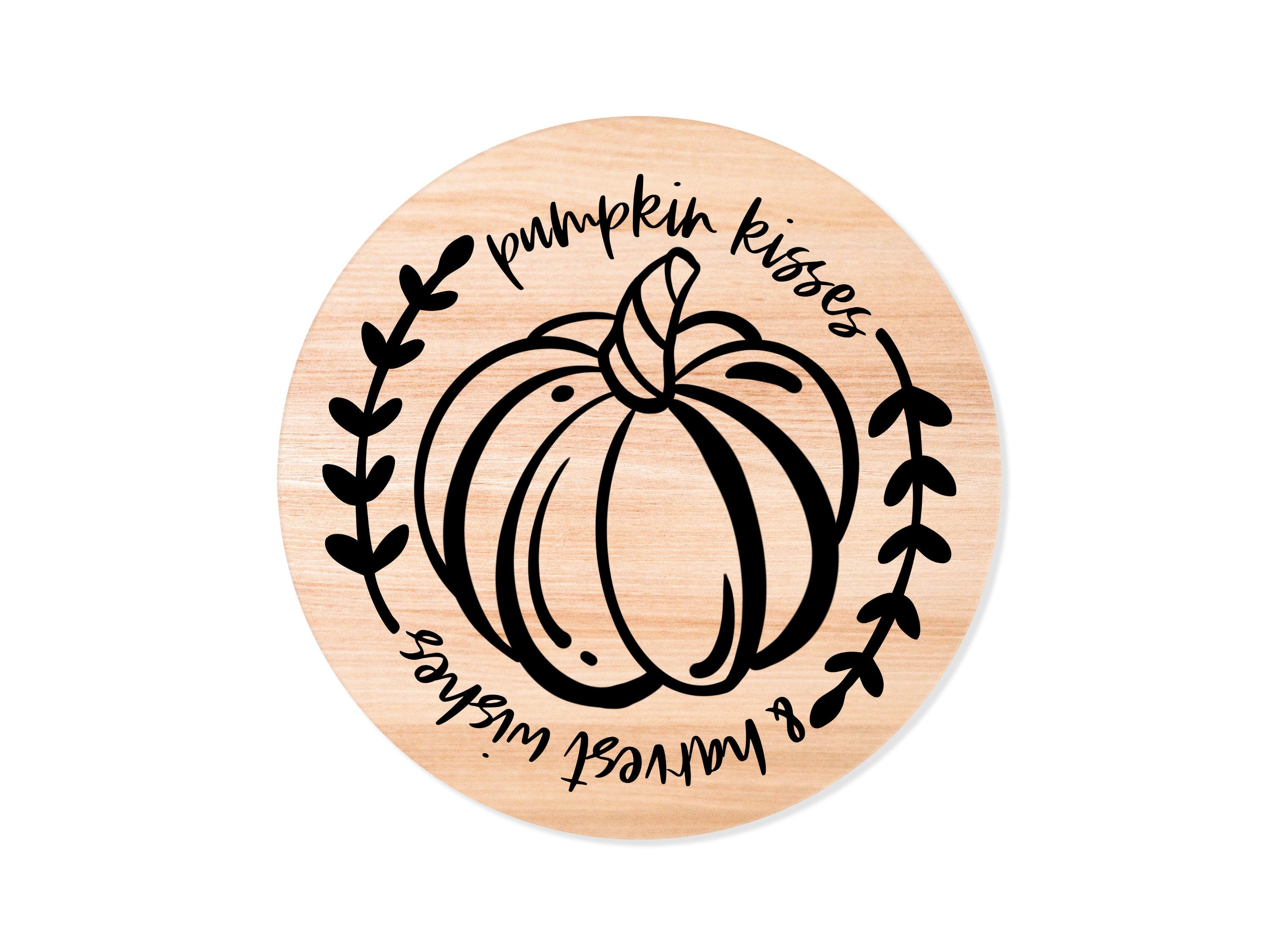 Pumpkin Kisses & Harvest Wishes Fall Decor Round Wooden Plaque Sign with Permanent Vinyl for Home Decoration, Doors, Country Farmhouse Style