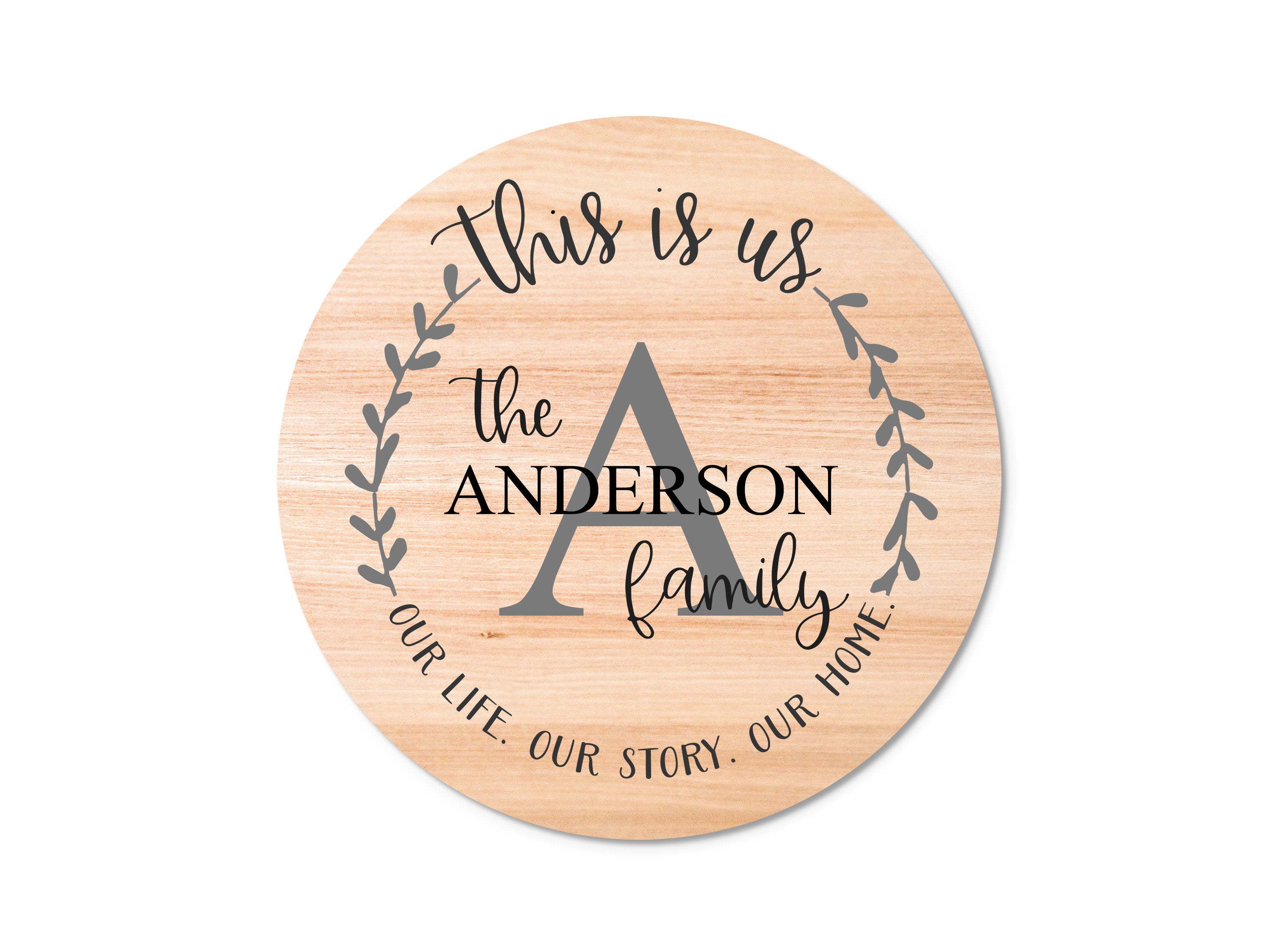 Customizable This is Us Round Wooden Plaque Sign with Family Name and Monogram in Permanent Vinyl for Home Decor, Doors, and More!
